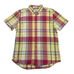 Old Navy Shirt Mens XL Red Yellow Plaid Slim Fit Short Sleeve Button Down